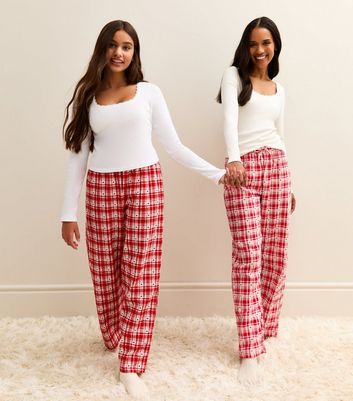 Girls Red Long Sleeve Top and Check Trousers Pyjama Set