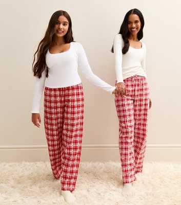 Girls Red Long Sleeve Top and Check Trousers Pyjama Set