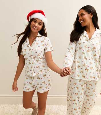 Girls Cream Reindeer Print Shirt and Shorts Pyjama Set
