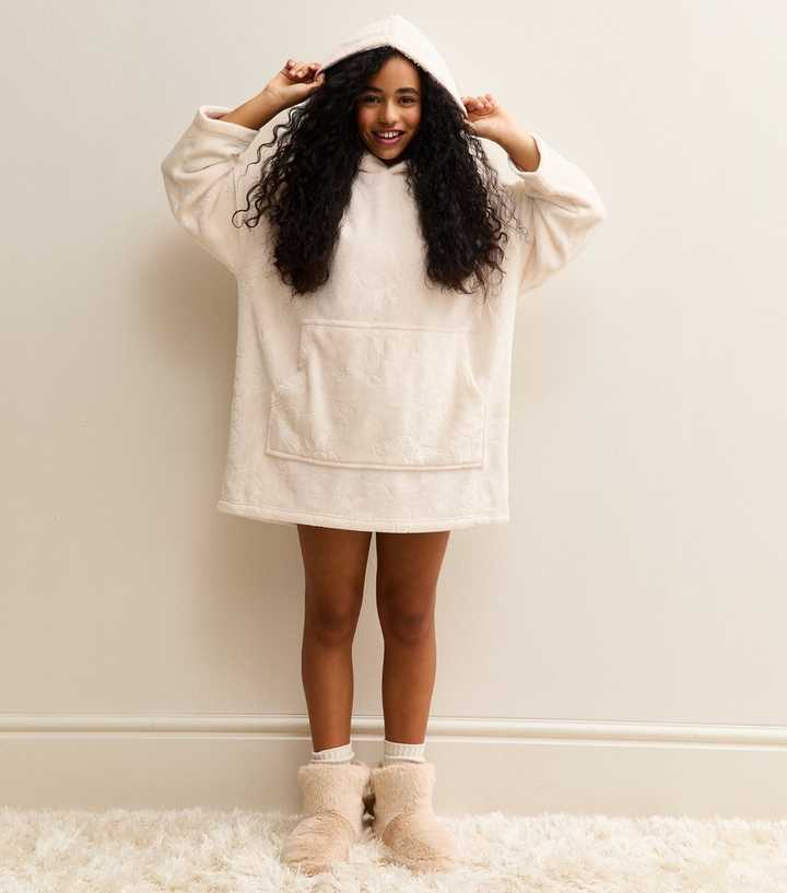 Girls Cream Teddy Pattern Oversized Fleece Hoodie