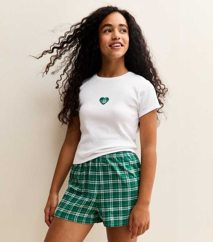 Girls Green Check T-Shirt and Shorts Pyjama Set