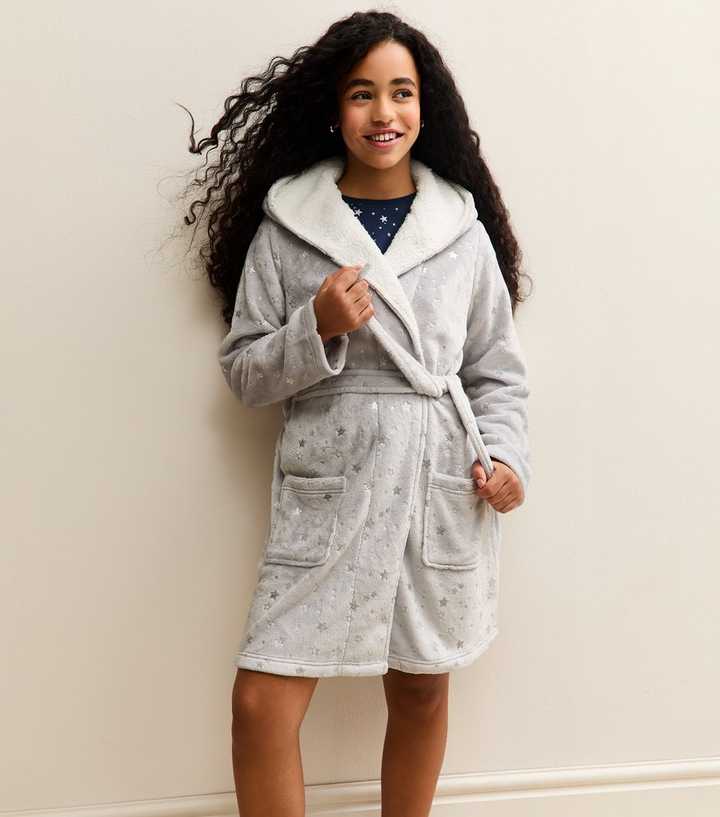 Girls Light Grey Star Print Hooded Dressing Gown