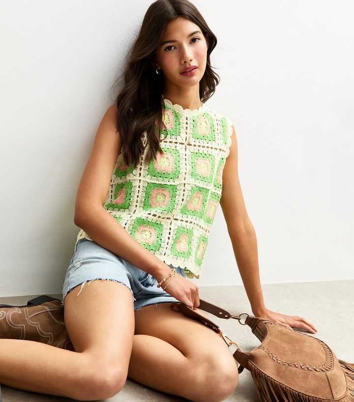 Sunshine Soul Green Crochet Sleeveless Knit Vest