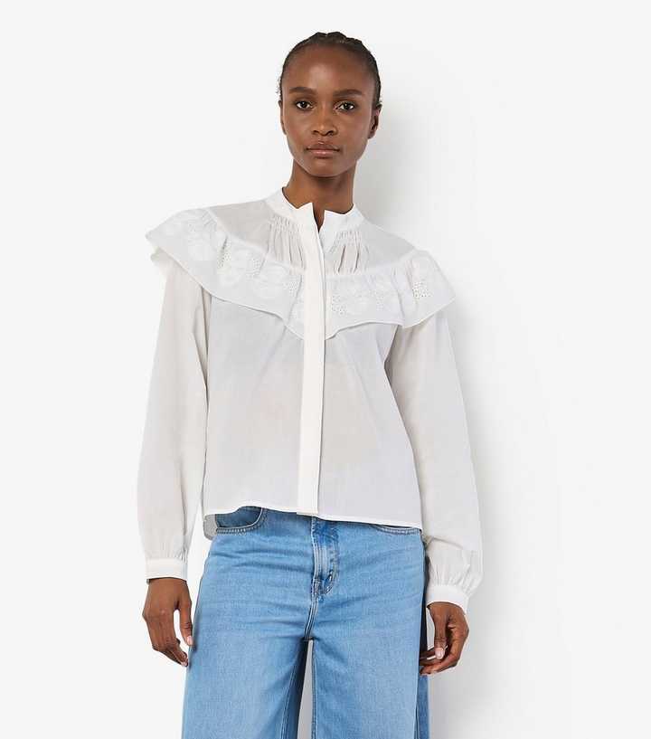 Apricot White Embroidered Ruffle Yoke Shirt