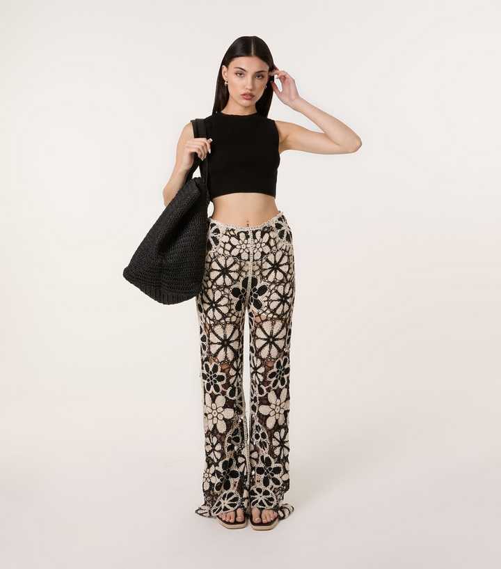 Pink Vanilla Cream Floral Crochet Trousers
