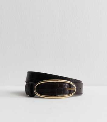 Dark Brown Faux Leather Croc Embossed Oval Buckle Belt