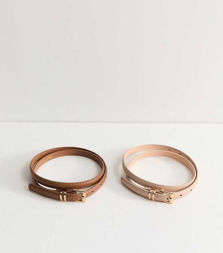 Pack Of 2 Brown and Tan Faux Leather Buckle Belts