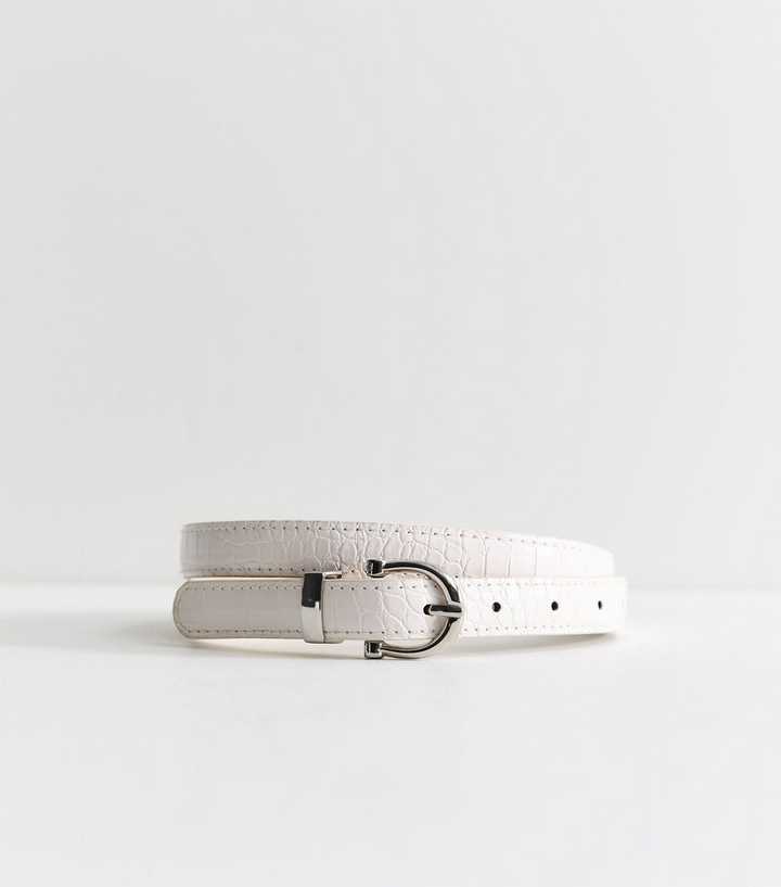 Cream Faux Leather Croc Embossed Skinny Belt