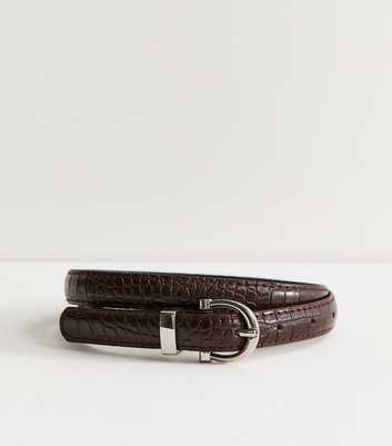 Dark Brown Faux Leather Croc Embossed Skinny Belt