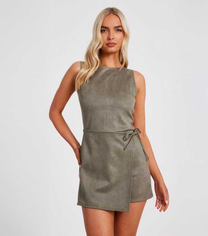 QUIZ Light Khaki Faux Suede Wrap Playsuit New Look