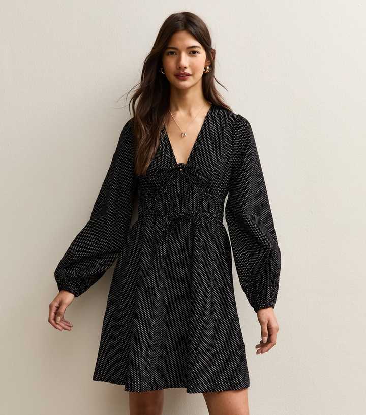 Black Polka Dot Front Tie Mini Dress