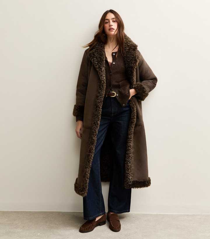 Brown Bonded Faux Fur Trimmed Faux Suede Coat
