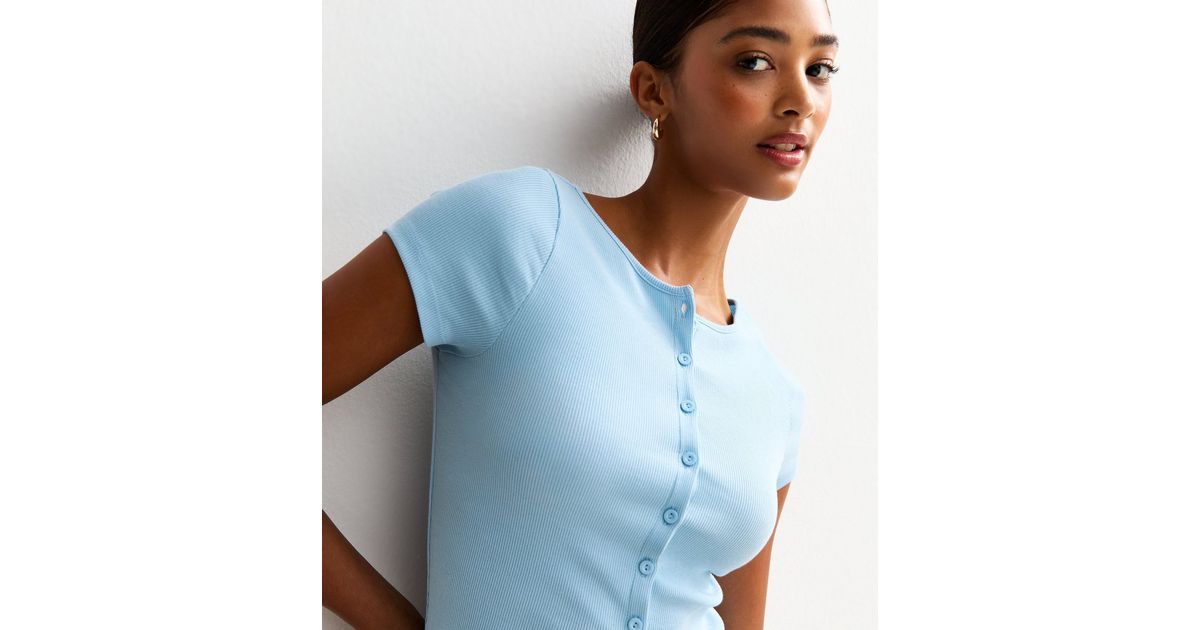 Light Blue Ribbed Button Up Baby Tee | New Look