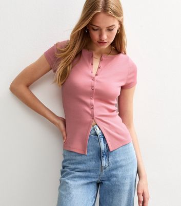 Light Pink Ribbed Button Up Baby Tee | New Look