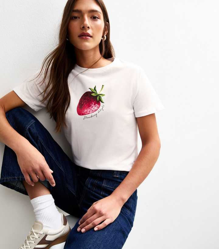 White Strawberry Print Relaxed T-Shirt