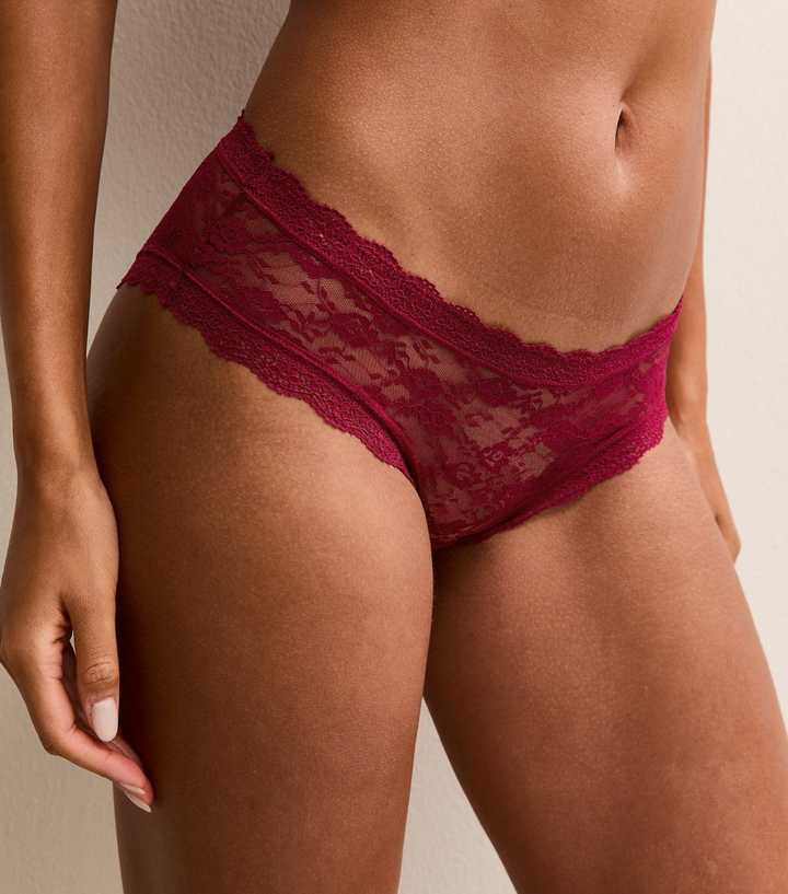 Burgundy Floral Mesh Lace Trimmed Brief Shorts