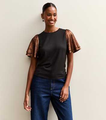 Dark Brown Soft Touch Metallic Flutter Sleeve Top