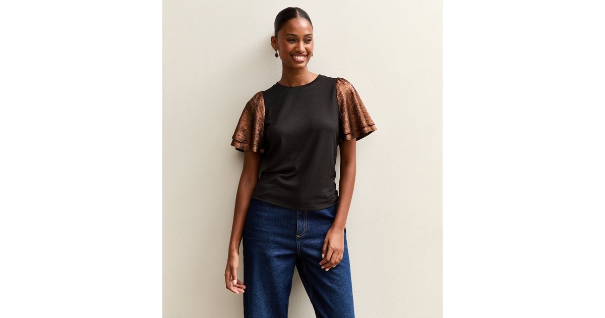 Dark Brown Soft Touch Metallic Flutter Sleeve Top New Look