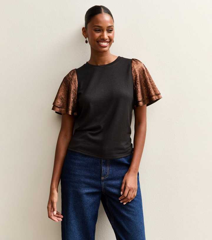 Dark Brown Soft Touch Metallic Flutter Sleeve Top