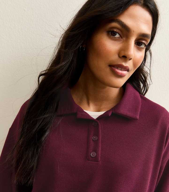 Dark Burgundy Soft Touch Longline Button Up Polo Top