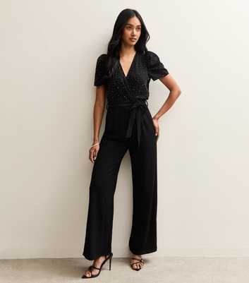 Black Diamante Embellished Wrap Jumpsuit