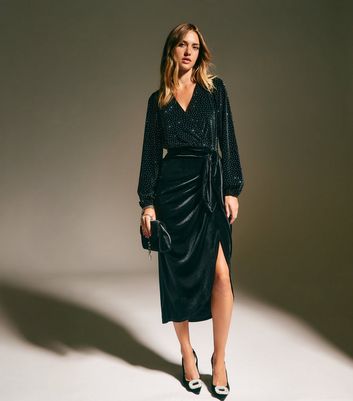 Black Velvet Diamante Embellished Long Sleeve Wrap Midi Dress