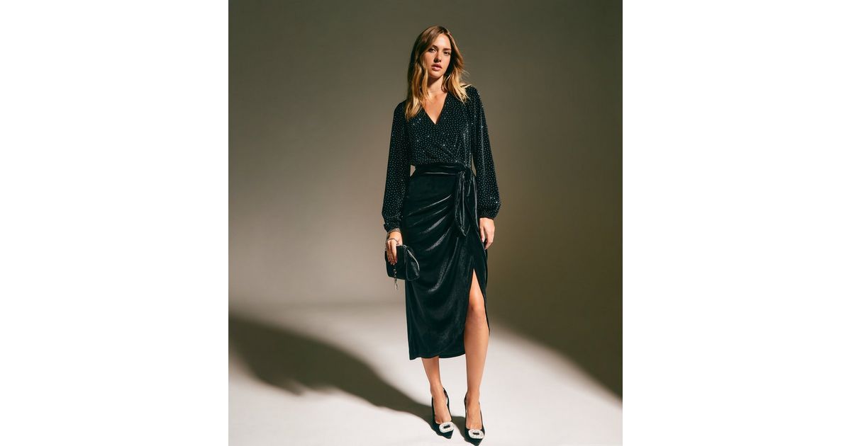 Black Velvet Diamante Embellished Long Sleeve Wrap Midi Dress