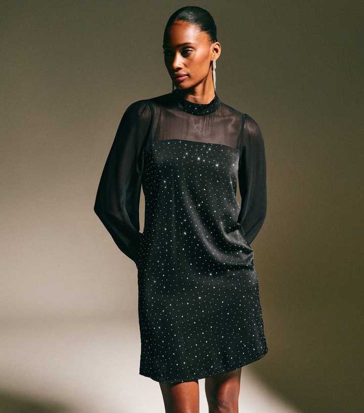 Black Sheer Panelled Diamante Embellished Mini Dress