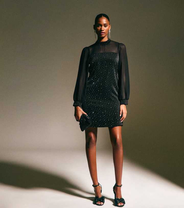 knee length dresses for ladies Sheer Embellished Long Sleeve A-Line Mini Dress in Deep Cocoa 2