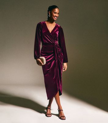 Burgundy Velvet Long Sleeve Wrap Midi Dress | New Look Burgundy Velvet Long Sleeve Wrap Midi Dress | New Look