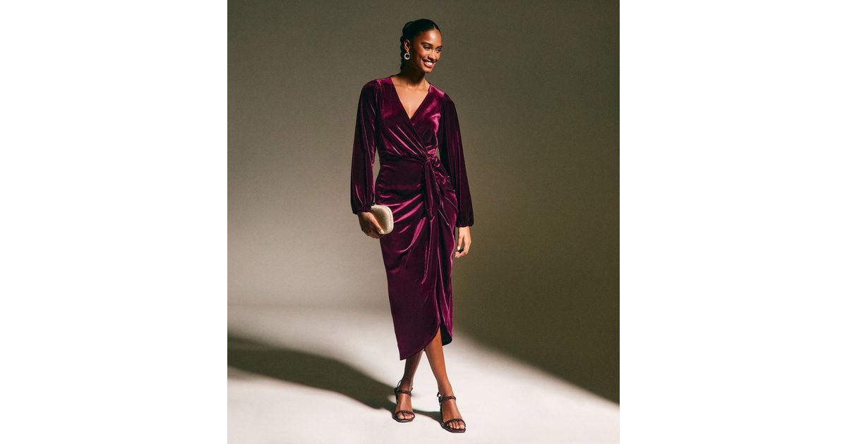 Burgundy Velvet Long Sleeve Wrap Midi Dress New Look