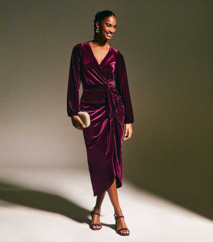 Burgundy Velvet Long Sleeve Wrap Midi Dress