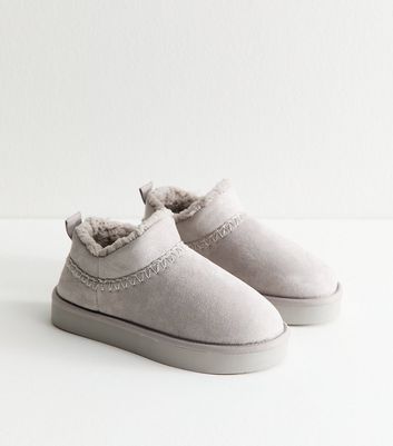 Grey Faux Suede Faux Sherpa Lined Slipper Boots