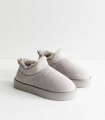 Grey Faux Suede Faux Sherpa Lined Slipper Boots