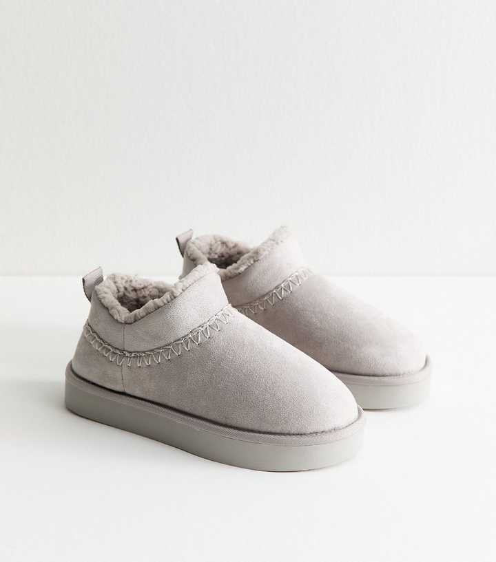 Grey Faux Suede Faux Sherpa Lined Slipper Boots