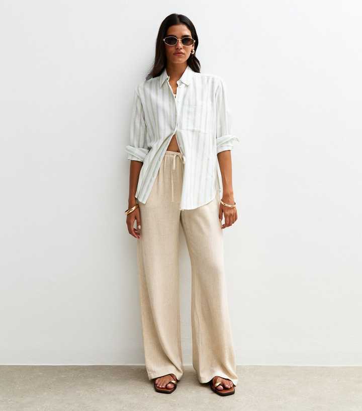 Stone Linen Look Wide Leg Trousers