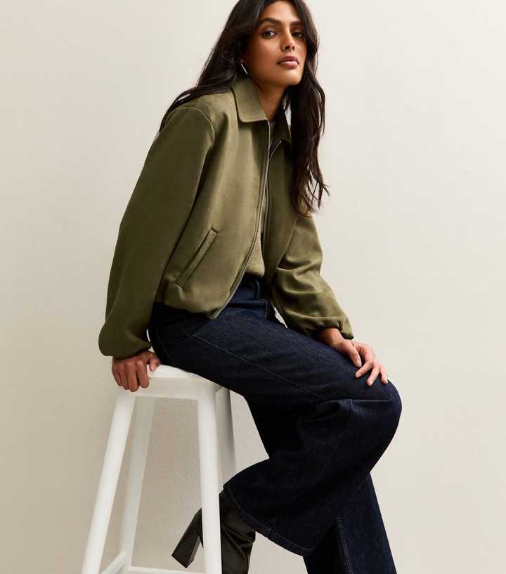 Light Khaki Faux Suede Bubblehem Bomber Jacket