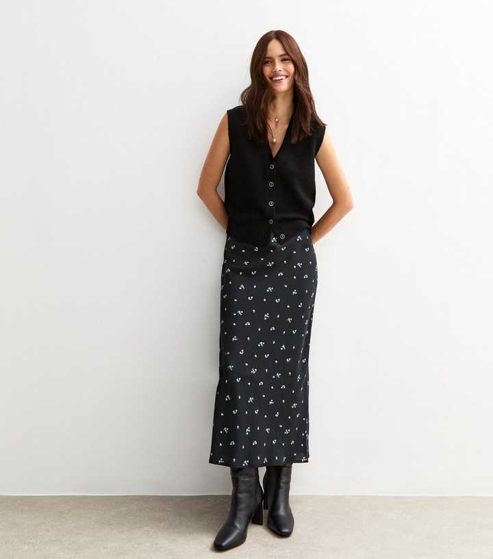 Black Floral Print Bias Cut Midi Skirt