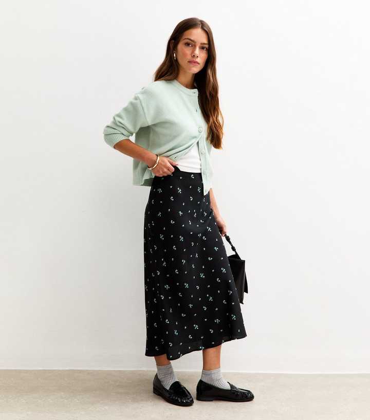 Petite Black Floral Print Bias Cut Midi Skirt