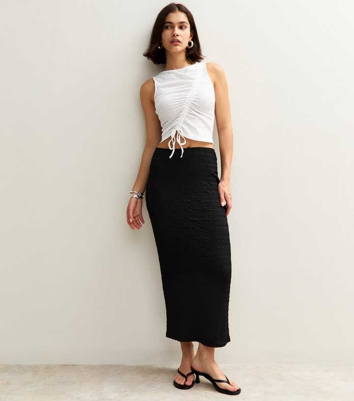 Black Textured Jersey Midi Skirt