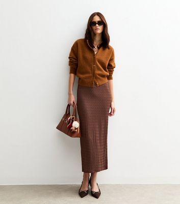 Dark Brown Textured Jersey Midi Skirt New Look