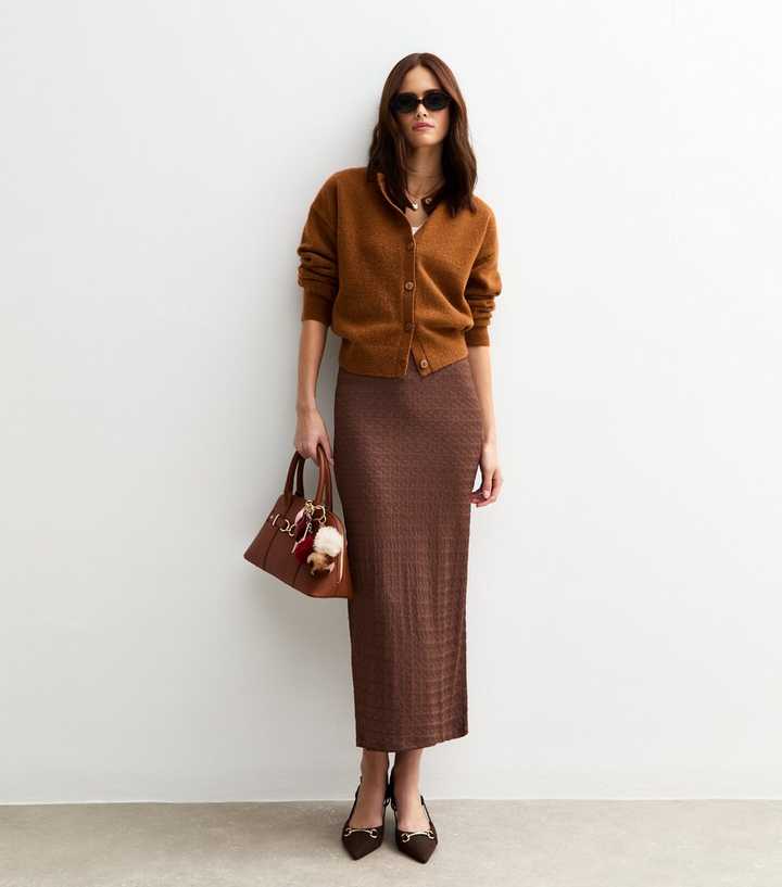 Dark Brown Textured Jersey Midi Skirt