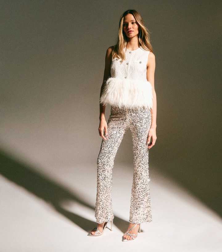 Silver Sequin Flared Trousers