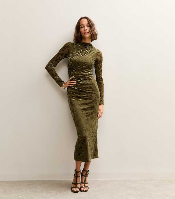 green emerald velvet dress Olive Burnout Floral Long Sleeve Maxi Dress – Rare London