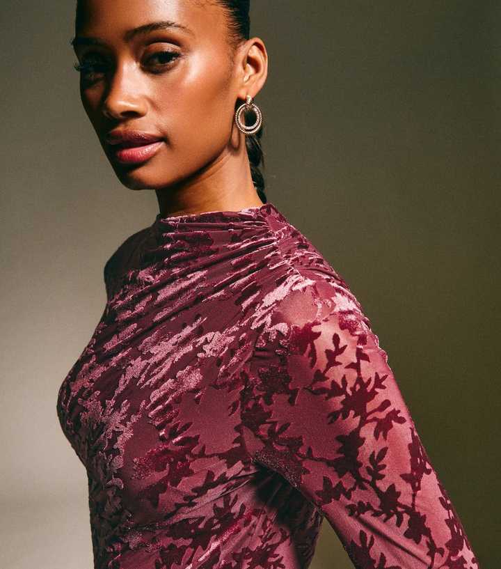 Burgundy Velvet Floral Devore Long Sleeve Midi Dress | New Look Burgundy Velvet Floral Devore Long Sleeve Midi Dress | New Look