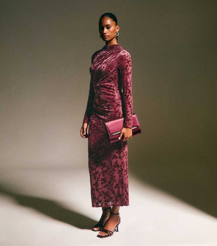 Burgundy Velvet Floral Devore Long Sleeve Midi Dress