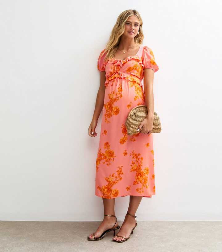 open lace back dress Women Orange Tie Dye Ruffled Comfy Maternitywear Dress
