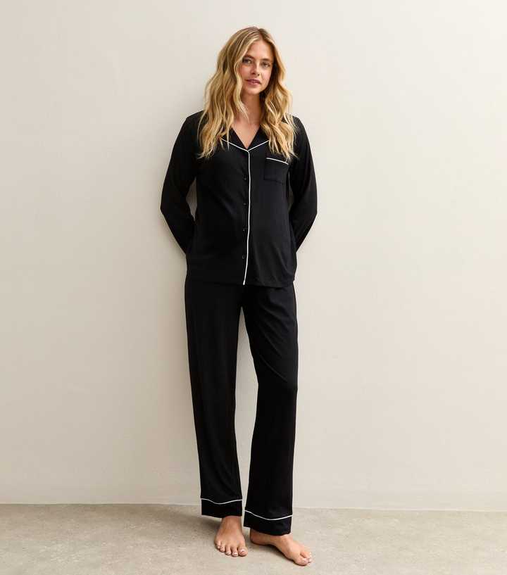 Maternity Black Jersey Long Sleeve Shirt and Trousers Pyjama Set