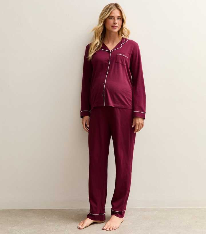 Maternity Dark Burgundy Jersey Long Sleeve Shirt and Trousers Pyjama Set