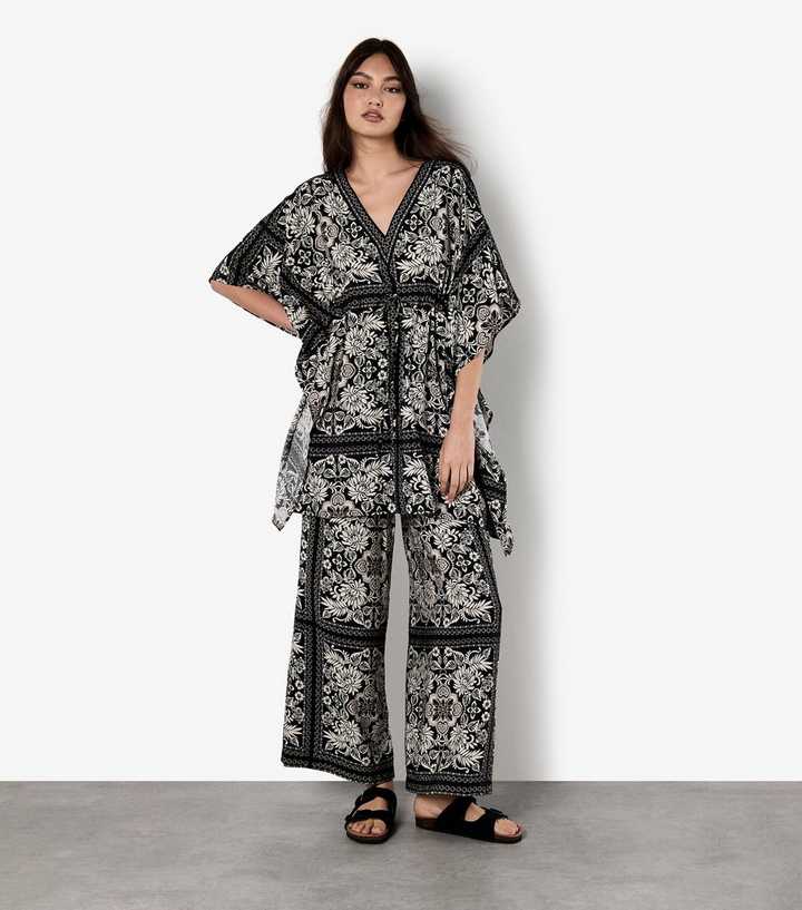 Apricot Black Scarf Print Kimono Mini Dress